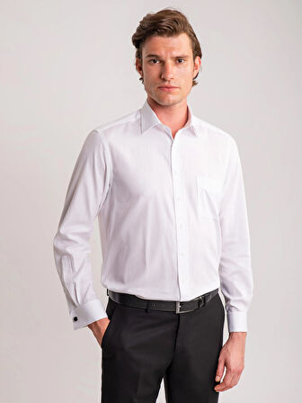 Dufy Beyaz Erkek Regular Fit Çizgili Wilson Yaka Uzun Kol Gömlek - 63131