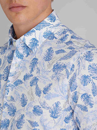 Dufy Beyaz Erkek Slim Fit Yaprak Desenli Brent Yaka Kısa Kol Gömlek - 63758
