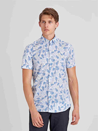 Dufy Beyaz Erkek Slim Fit Yaprak Desenli Brent Yaka Kısa Kol Gömlek - 63758