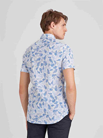 Dufy Beyaz Erkek Slim Fit Yaprak Desenli Brent Yaka Kısa Kol Gömlek - 63758