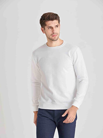 Dufy Beyaz Erkek Modern Fit Düz Casual Yuvarlak Yaka Sweatshirt - 66102