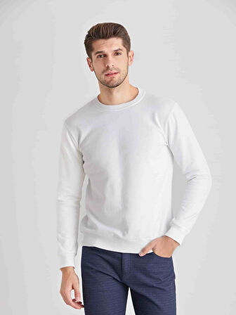 Dufy Beyaz Erkek Modern Fit Düz Casual Yuvarlak Yaka Sweatshirt - 66102