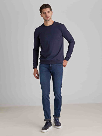 Dufy Lacivert Erkek Modern Fit Düz Casual Yuvarlak Yaka Sweatshirt - 66126