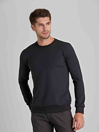Dufy Siyah Erkek Modern Fit Düz Casual Yuvarlak Yaka Sweatshirt - 66144