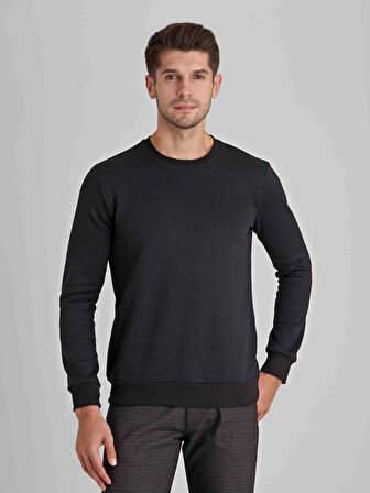 Dufy Siyah Erkek Modern Fit Düz Casual Yuvarlak Yaka Sweatshirt - 66144