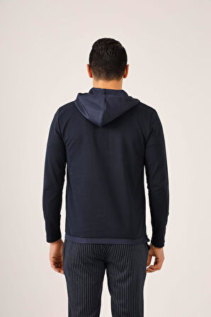 Dufy Lacivert Erkek Slim Fit Düz Fermuarlı Kapüşonlu Sweatshirt - 78471