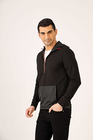 Dufy Siyah Erkek Slim Fit Düz Fermuarlı Kapüşonlu Sweatshirt - 78476