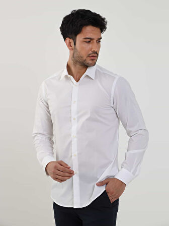 Dufy Beyaz Erkek Slim Fit Düz Brent Yaka Uzun Kol Gömlek - 79181
