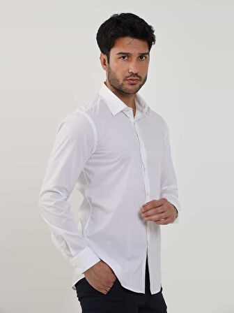 Dufy Beyaz Erkek Slim Fit Düz Brent Yaka Uzun Kol Gömlek - 79181
