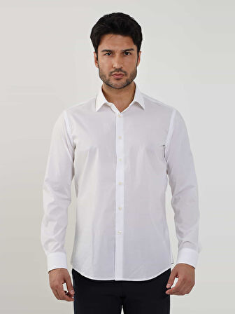 Dufy Beyaz Erkek Slim Fit Düz Brent Yaka Uzun Kol Gömlek - 79181
