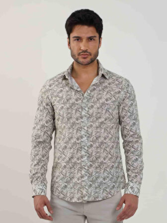 Dufy Haki Erkek Slim Fit Yaprak Desenli Brent Yaka Uzun Kol Gömlek - 81579