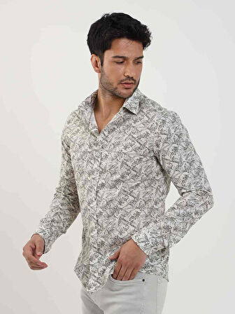 Dufy Haki Erkek Slim Fit Yaprak Desenli Brent Yaka Uzun Kol Gömlek - 81579