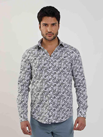 Dufy Lacivert Erkek Slim Fit Yaprak Desenli Brent Yaka Uzun Kol Gömlek - 81584