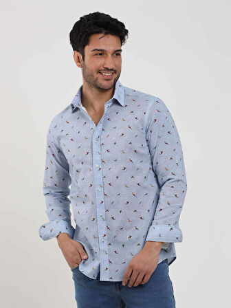 Dufy Mavi Erkek Slim Fit Kuş Desenli Brent Yaka Uzun Kol Gömlek - 81624
