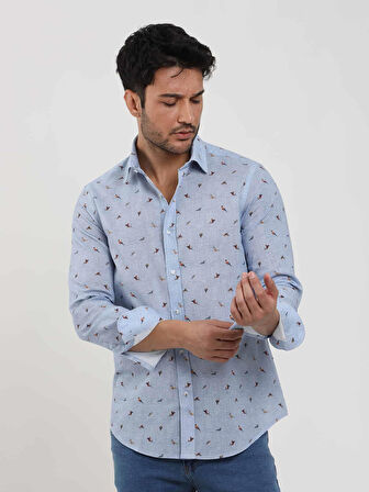 Dufy Mavi Erkek Slim Fit Kuş Desenli Brent Yaka Uzun Kol Gömlek - 81624