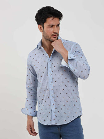 Dufy Mavi Erkek Slim Fit Kuş Desenli Brent Yaka Uzun Kol Gömlek - 81624