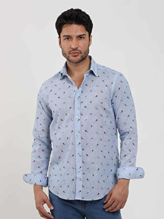 Dufy Mavi Erkek Slim Fit Kuş Desenli Brent Yaka Uzun Kol Gömlek - 81624