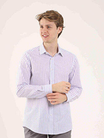 Dufy Lila Erkek Slim Fit Çizgili Brent Yaka Uzun Kol Gömlek - 81679