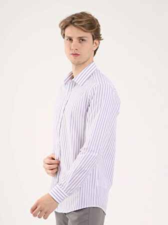 Dufy Lila Erkek Slim Fit Çizgili Brent Yaka Uzun Kol Gömlek - 81679