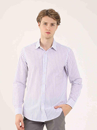 Dufy Lila Erkek Slim Fit Çizgili Brent Yaka Uzun Kol Gömlek - 81679