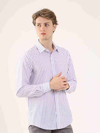 Dufy Lila Erkek Slim Fit Çizgili Brent Yaka Uzun Kol Gömlek - 81679