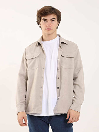 Dufy Bej Erkek Regular Fit Düz Brent Yaka Uzun Kol Gömlek - 84095