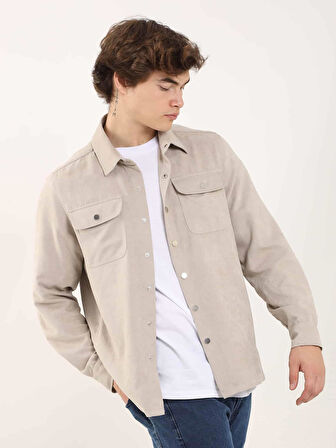 Dufy Bej Erkek Regular Fit Düz Brent Yaka Uzun Kol Gömlek - 84095