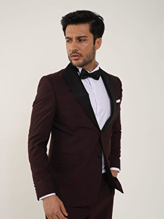 Dufy Bordo Erkek Slim Fit Düz Sivri Yaka Smokin Takım - 84171