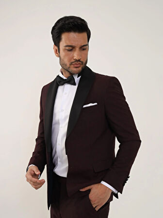 Dufy Bordo Erkek Slim Fit Düz Sivri Yaka Smokin Takım - 84171