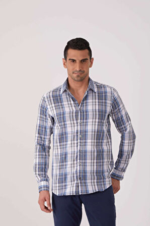Dufy Mavi Erkek Slim Fit Ekose Desenli Brent Yaka Uzun Kol Gömlek - 84265