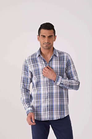 Dufy Mavi Erkek Slim Fit Ekose Desenli Brent Yaka Uzun Kol Gömlek - 84265