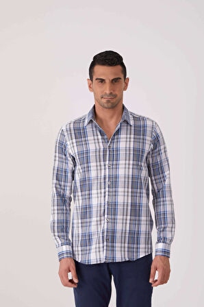 Dufy Mavi Erkek Slim Fit Ekose Desenli Brent Yaka Uzun Kol Gömlek - 84265