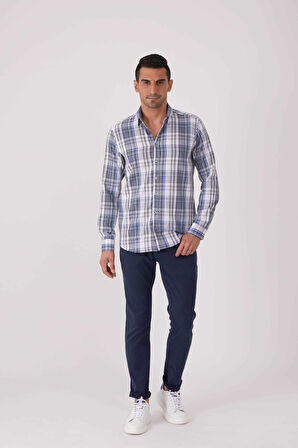 Dufy Mavi Erkek Slim Fit Ekose Desenli Brent Yaka Uzun Kol Gömlek - 84265