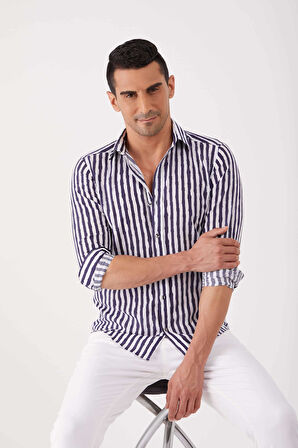 Dufy Lacivert Erkek Slim Fit Çizgili Brent Yaka Uzun Kol Gömlek - 84280