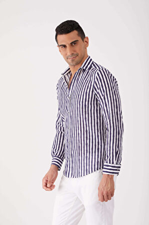 Dufy Lacivert Erkek Slim Fit Çizgili Brent Yaka Uzun Kol Gömlek - 84280