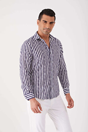 Dufy Lacivert Erkek Slim Fit Çizgili Brent Yaka Uzun Kol Gömlek - 84280