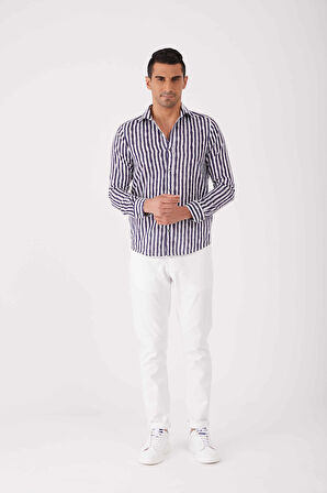 Dufy Lacivert Erkek Slim Fit Çizgili Brent Yaka Uzun Kol Gömlek - 84280