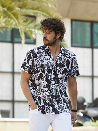 Dufy Siyah Erkek Regular Fit Çiçek Desenli Küba Yaka Kısa Kol Gömlek - 84290