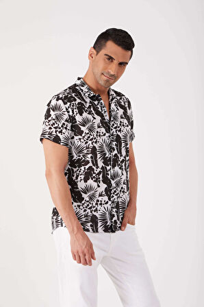 Dufy Siyah Erkek Regular Fit Çiçek Desenli Küba Yaka Kısa Kol Gömlek - 84290