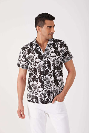 Dufy Siyah Erkek Regular Fit Çiçek Desenli Küba Yaka Kısa Kol Gömlek - 84290