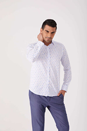 Dufy Beyaz Erkek Slim Fit Desenli Brent Yaka Uzun Kol Gömlek - 85368