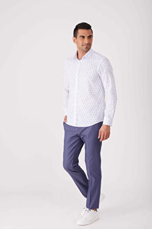 Dufy Beyaz Erkek Slim Fit Desenli Brent Yaka Uzun Kol Gömlek - 85368