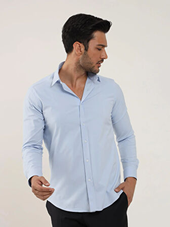 Dufy Mavi Erkek Slim Fit Düz Klasik Yaka Uzun Kol Gömlek - 88174