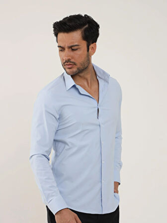 Dufy Mavi Erkek Slim Fit Düz Klasik Yaka Uzun Kol Gömlek - 88174