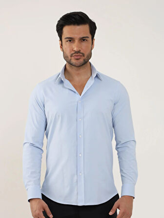 Dufy Mavi Erkek Slim Fit Düz Klasik Yaka Uzun Kol Gömlek - 88174
