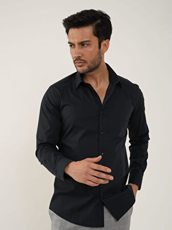Dufy Siyah Erkek Slim Fit Düz Klasik Yaka Uzun Kol Gömlek - 88359