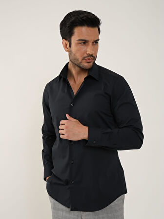 Dufy Siyah Erkek Slim Fit Düz Klasik Yaka Uzun Kol Gömlek - 88359