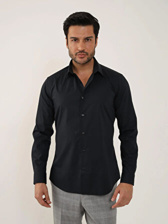 Dufy Siyah Erkek Slim Fit Düz Klasik Yaka Uzun Kol Gömlek - 88359