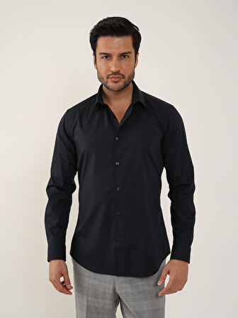 Dufy Siyah Erkek Slim Fit Düz Klasik Yaka Uzun Kol Gömlek - 88359