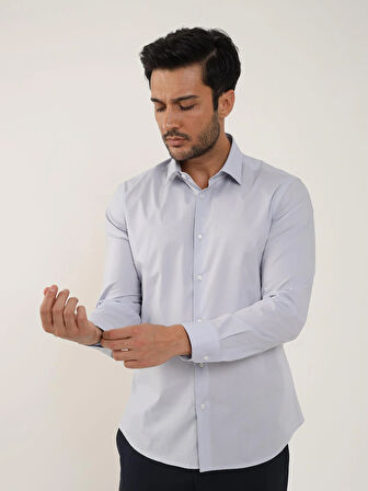 Dufy Açık Gri Erkek Slim Fit Düz Klasik Yaka Uzun Kol Gömlek - 88364